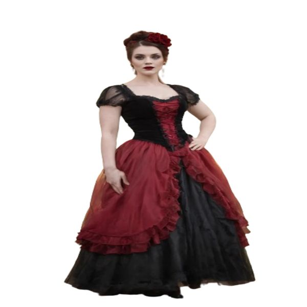 Викторианские готические средневековые свадебные платья 2024 Черные с красными контрастными цветными эстетическими короткими рукавами Ренессанс 1950 -х