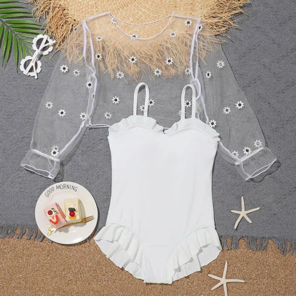 Abiti per ragazze tritatura con tuta da bagno con un pezzo con copertura superiore 714 anni da bagno per bambini abito da bagno bianco costume da bagno monokini 2023 abbigliamento da spiaggia