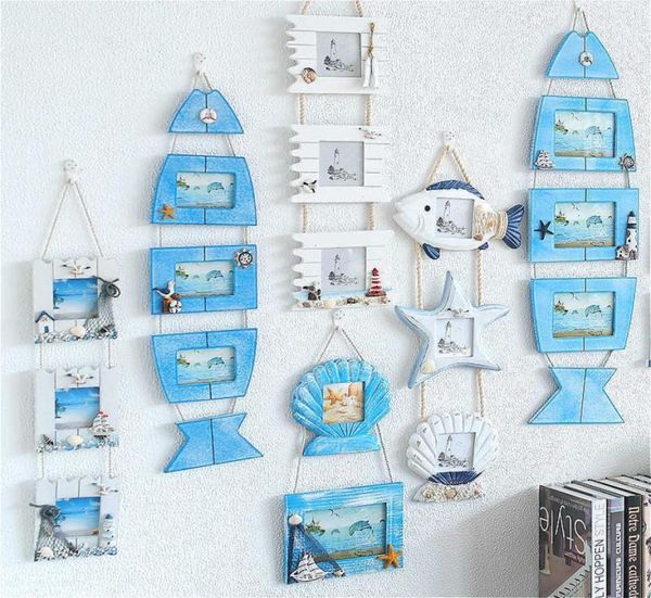 Decoração de parede mediterrânea de madeira pó moldura Threelink Pictures Frame Starfish Shell Craft Kids Room Decoração Acessórios SH199867080