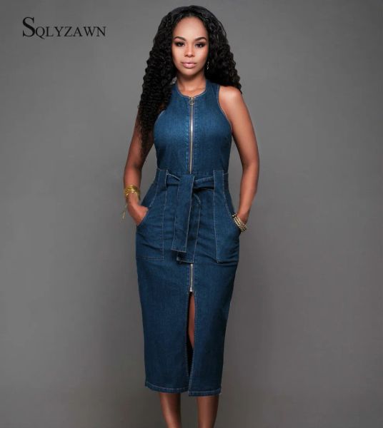Jeans donne senza maniche jeans casual slim jeans abito sexy bodycon 2020 abiti lunghi tasche con cerniera vestido più dimensioni con ante