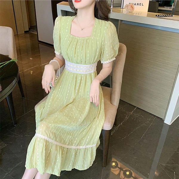 Vestidos de festa de festa de verão verde verde pequeno renda fresca alta cintura hollow chic manga curta doce vestido coreano elegante vintage vestido mujer
