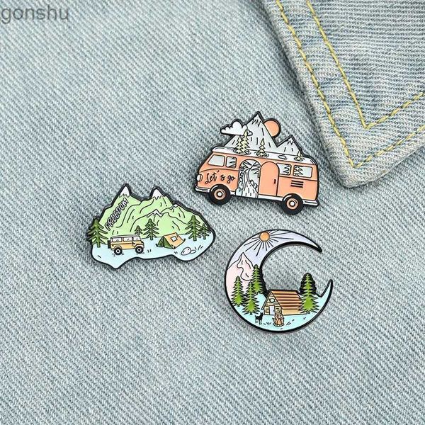 Pins Broschen Abenteuer Emaille Pin Mountain Bushäuser Mondbroaches für Frauen Mode Flip Kragen Pins Cartoon Adventurer Abzeichen Schmuck Geschenk Großhandel WX