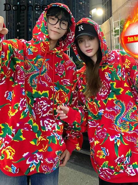 Мужские капюшоны мода северо -восток Большой Цветочные толстовки весна с капюшоном свободно комфорт толстовки в китайском стиле цветочный пальто