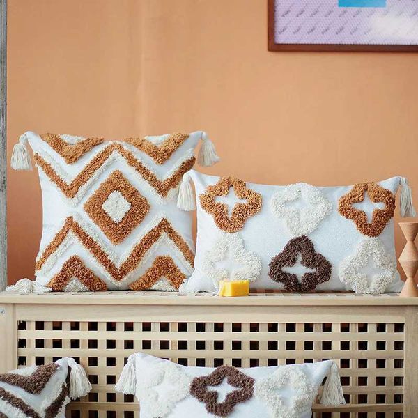 Cuscino/cuscino decorativo Copertura 45x45cm in stile marocchino rhombo rombo a zigzag decorazione della nappa fatta a mano divano sedia da soggiorno