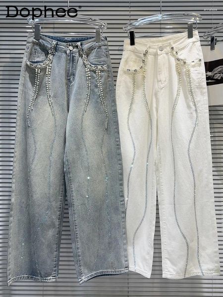 Jeans femininos pesados ​​esferas da indústria stromestone calça de perna larga fêmea 2024 Primavera outono retro angustiado Mulheres soltas de cintura alta