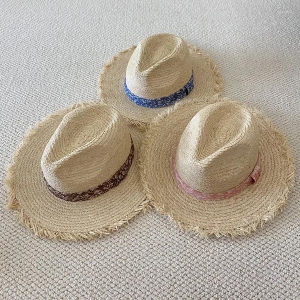 Chapéus de aba larga 2024 Lafite Straw Hat Pattern Ribbon Primavera e verão Praia Praia Protetor solar Panamá elegante feminino