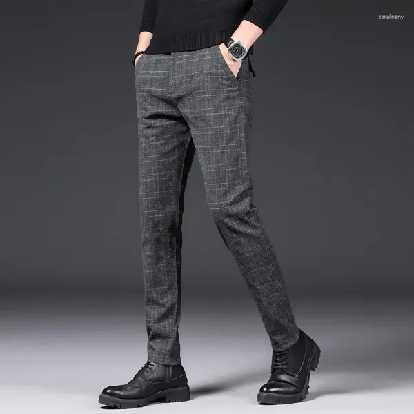 Pantaloni da uomo Arriva a quadri casual di alta qualità di alta qualità dritti abiti da business brand brand slim fit elastic