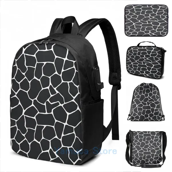 Mochila Funny Graphic Print Black and White Giraffe USB Charge Men Bags Escola Laptop de Viagem para Mulheres Viagem