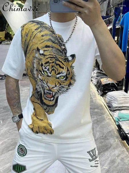 Camisetas de camisetas de verão masculino de camiseta pesada tigre tigre strass redondo pescoço de manga curta de algodão casual tees bonitos tops