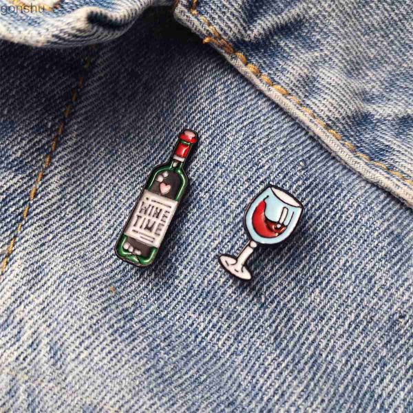 Pins Broschen Weinflasche Glas Paar Brosche Damen Rotweinbecher Email Litter Pickelknopf Abzeichen Cartoon Schmuck WX WX