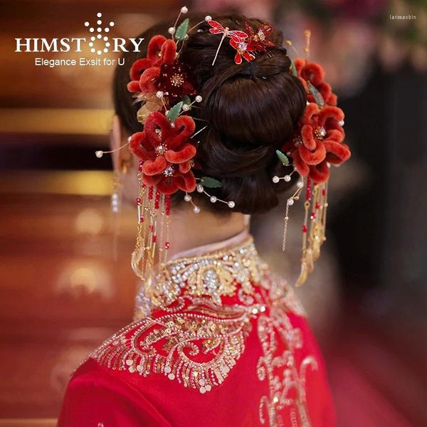 Clipes de cabelo Himstory Chinese Vermelho Velivista Artificial Flor Antigo Traje Hanfu Acessórios Retro Noiva Xiuhe Jóias de Cabeça