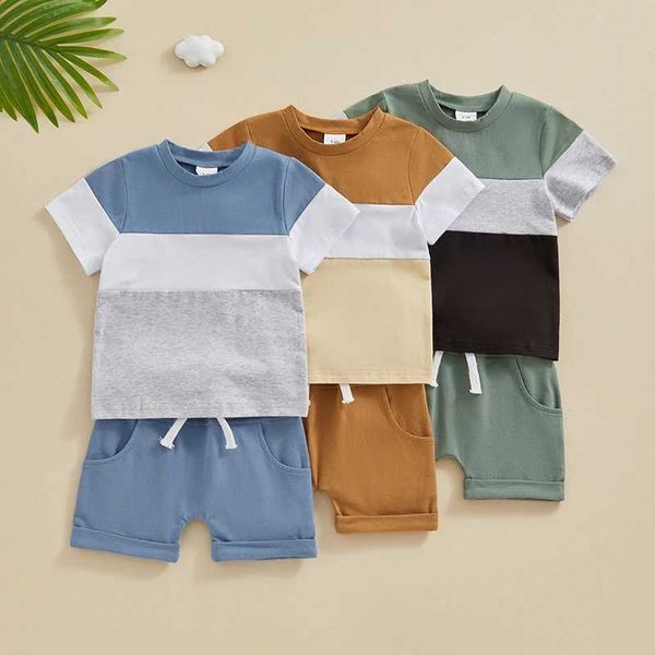 Set di abbigliamento per bambini baby boys cotone patchwork color top-shirt top-shirts+coworn shorts per tracce sulla spiaggia H240507
