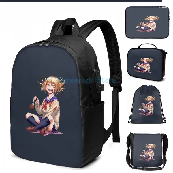 Backpack Funny Graphic Print Shoot Heart Himiko USB Charge Men Bags Escola Laptop de Viagem para Mulheres Viagem