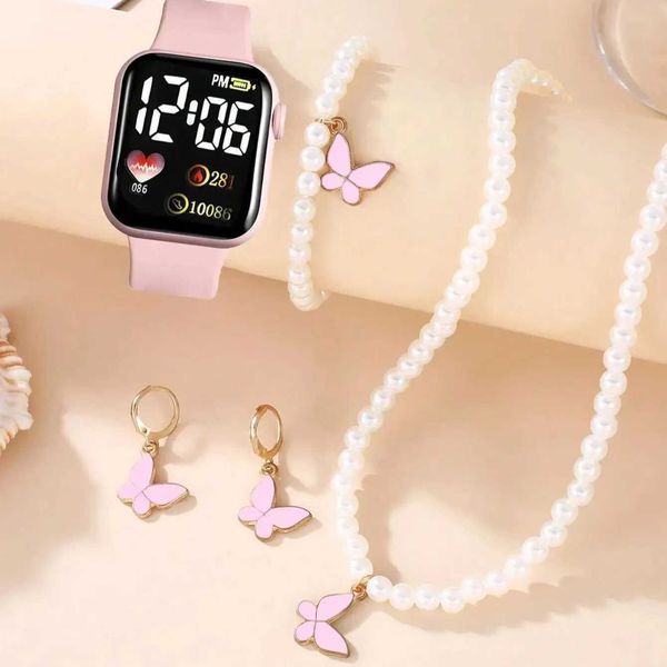 Relógios femininos Sifang Caring Girl Electronic e 4 Pearl Butterfly Love Jewelry Conjunto fofo e romântico