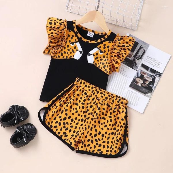 Roupas Conjuntos 2024 Moda de verão Roupas para bebês meninas garotas Algodão 2 PCs Leopard Sleeve Tops calças curtas 0-6y