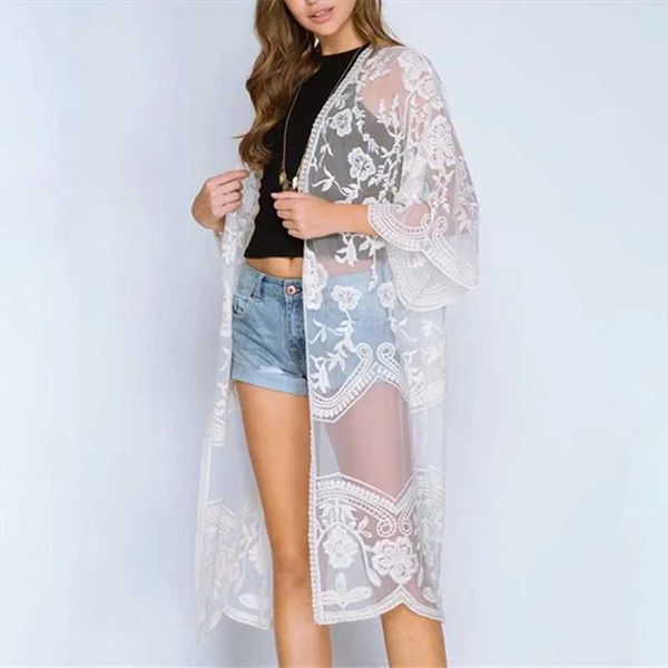 Women Beach Wear 2021 Summer Summer Sexy White Lace Crochet Kimono Bikini Cover Up Women Swimwear Cardigan Wrap Artlewear Dress Long Conceduns Y240504