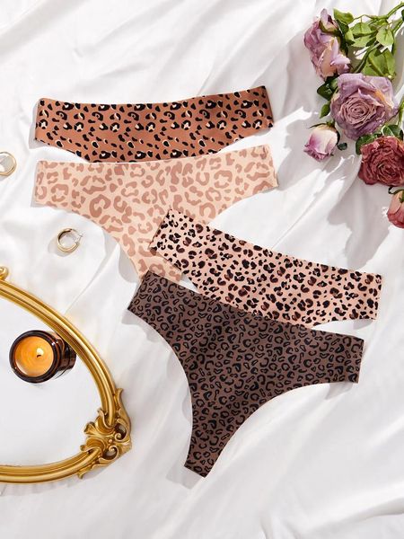 Frauenhöhe sexy niedrige Taille Leopardenmuster T-förmiger Unterwäsche dünne bequeme, hoch atmungsaktive vierteilige Damen