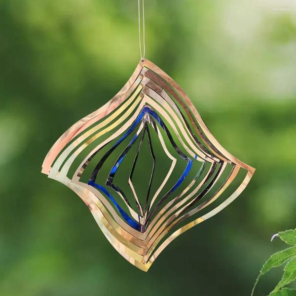 Dekoratif Figürinler Gümüş Paslanmaz Çelik Lazer Dörtlü Dikdörtgen 3D Spin Rüzgar Çanları Rulman Döndürme Kuş Kayıt Meditasyonu