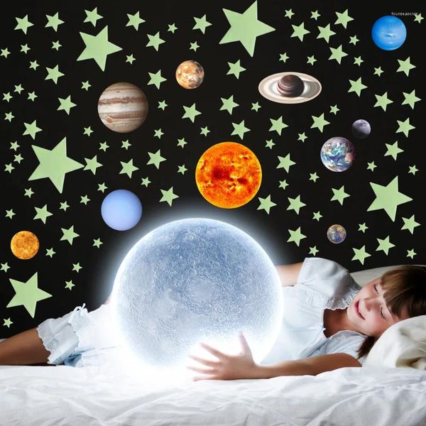 Wandaufkleber Wallpaper Fluoreszenzaufkleber Stars Home Decor Luminous Space Planeten Jungen Kinderzimmer DIY Abziehbilder