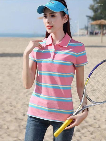 Polos femininos camisetas Top Roupas listradas de manga curta Botão pólo camisa de pescoço rosa y2k moda tendência