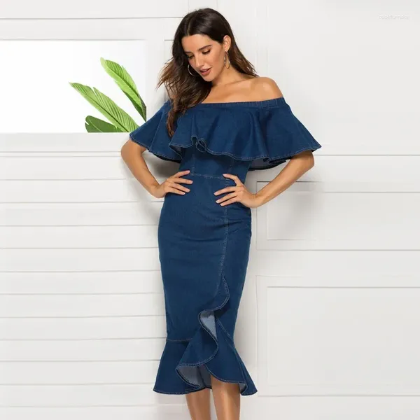 Abiti per feste donne sexy da spalla in denim vestito femminile arfilaceo da donna ledy jeans maniche corte bodycon cerniera con cerniera midi