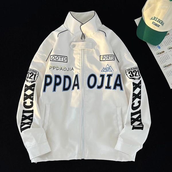 Jackets masculinos casaco de estilo americano primavera e outono piloto jaqueta de motociclista de grandes dimensões letra de hip hop bordado de couro pu