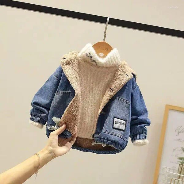 Jaquetas casacos lã de lã térmico jeans jeans garotas algodão jaqueta de algodão moda jean cardigan retchwork cartoon capuz para crianças roupas de inverno