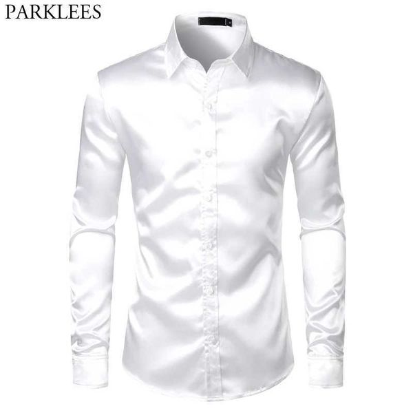 Erkek elbise gömlekleri beyaz ipek saten smokin gömlek erkekler 2023 marka uzun sle ile takılmış erkek elbise gömlekleri düğün partisi dans gündelik gömlek kimya d240507