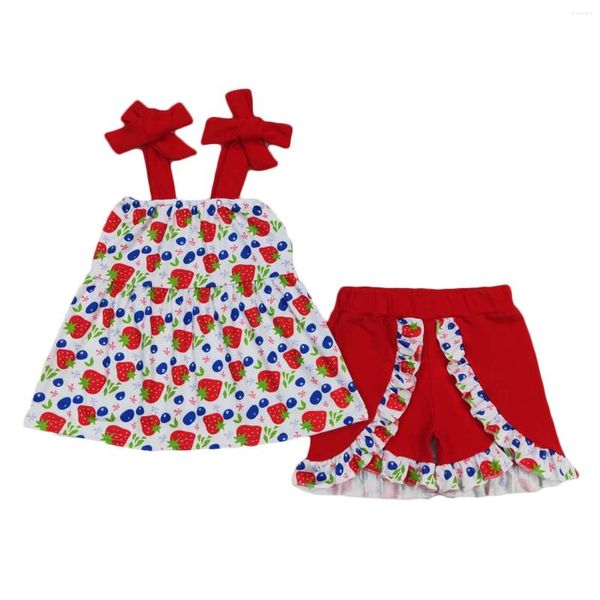 Giyim Setleri Toptan Çocuklar Yaz Çilek Çiçeği Çiçek Tunik Üstler Toddler Çocuk Ekose Şort Bebek Kız Çiçek Bebek Kıyafet Seti