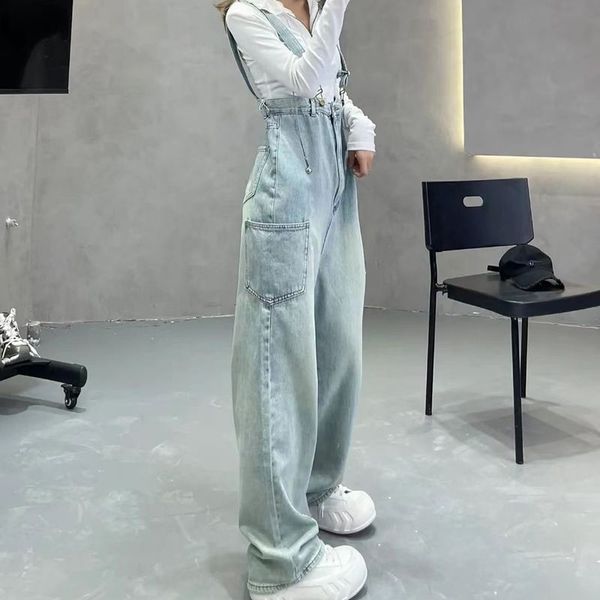 Damenbekleidung Overalls für Frauen Schulterhosen hellfarben gewaschen und gemahlener weißer Denim New Lose Plus Size Hohe Taille Overall Wide Leg Hosen