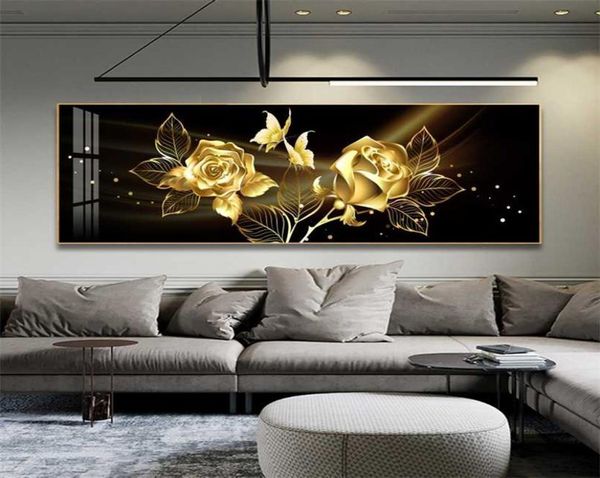 Schwarzes Golden Rose Blume Schmetterling Abstrakte Wandkunst Leinwand Malerei Poster Print Horizonta Bild für lebende Schlafzimmer Dekor 2110224233383