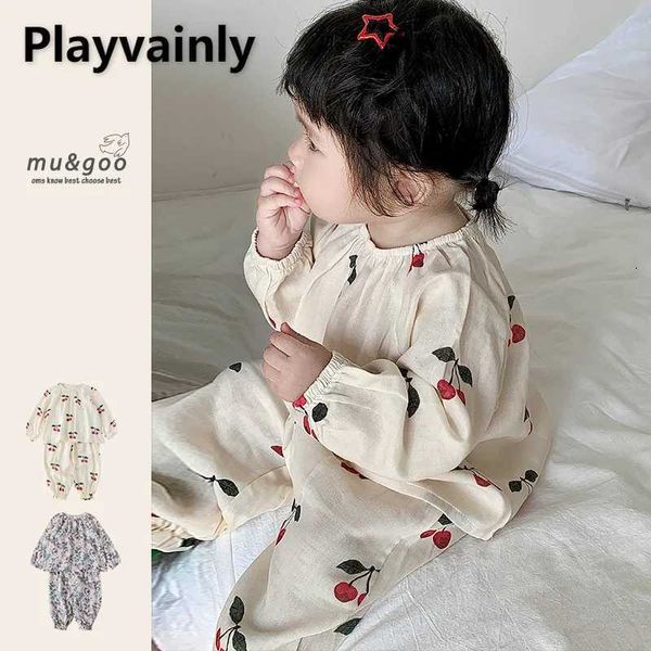 Pigiama nuovo primaverile bambina in fibra di bambù carina ciliegia o-scollo raglan maniche pullover top+pantaloni per bambini indossare abiti da notte h240507