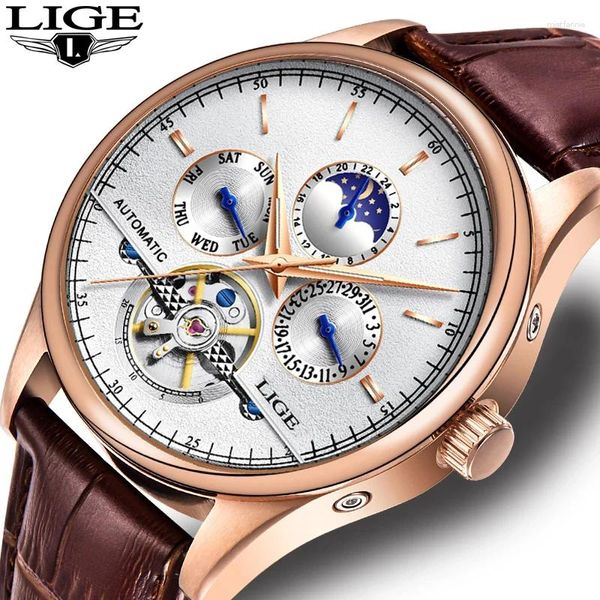 Armbanduhrenschatmen Lige Watch Brand Classic MEN RETRO WATCHEN Automatische mechanische Tourbillon Uhr Echtes Leder wasserdichtes Armbanduhr Box