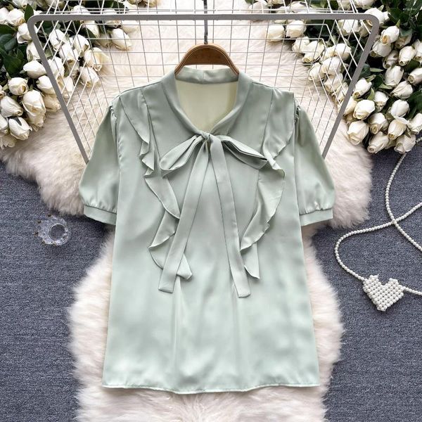 Frauenblusen Chic V-Ausschnitt Rüschen Patchwork Puffarm Satin Bluse Falten elegante französische Mode sexy Hemd Frühlings Sommer Frauen Top