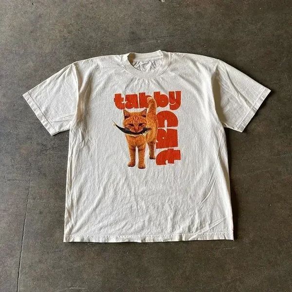 Camicia da uomo y2k estate harajuku street abbigliamento stampato gatto arancione classico top-shirt da donna in fit womens 240506