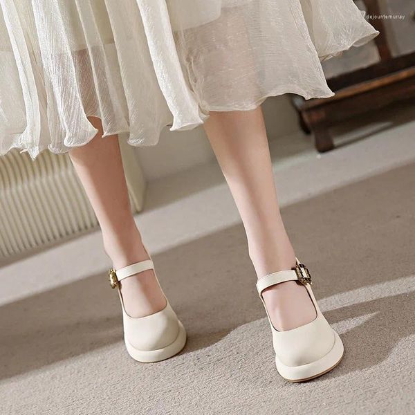 Scarpe eleganti in stile francese in pelle piccola per donne tacchi spessi eleganti punta a piedi rotondo bianco alto