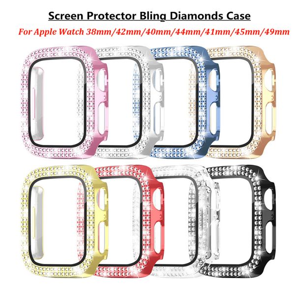 Casos de relógio de vidro temperado com diamante bling para filme protetora protetor PC para para a série de maçã iwatch 6 5 4 3 2 49mm 45mm 41mm 44mm 42mm 40mm 38mm com caixa de varejo