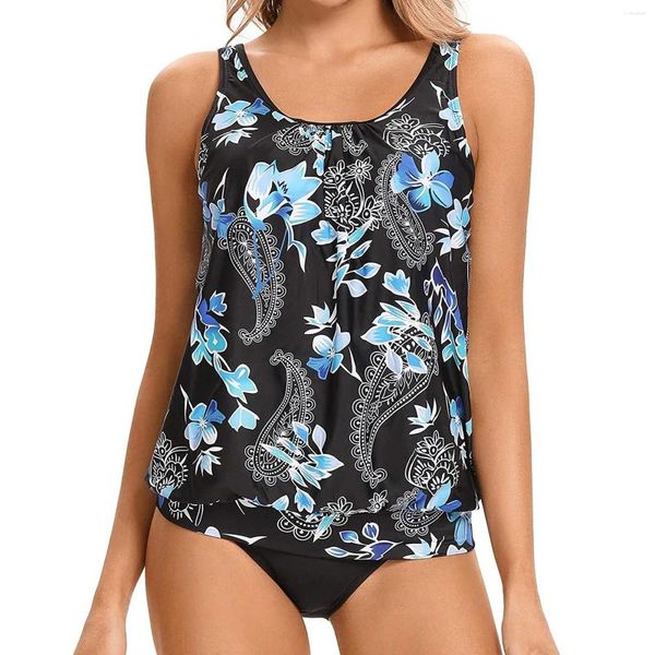 Moda de banho feminina Moda de biquíni feminina define uma listra solta impressão o-pescoço com tampas mangas tankini tankini roupas de praia de duas peças de duas peças