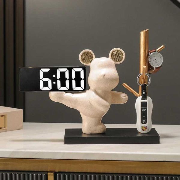 Objetos decorativos Figuras de estilo nórdico itens miniaturas urso escultura de escultura LED Urso Clock Interior Acessórios de comprimidos