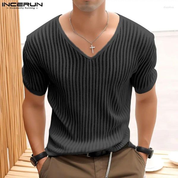 As camisas masculinas Incerun Tops 2024 Moda de moda coreana Camisetas listradas levemente transparentes Camiseta de manga curta casual CAMISETA