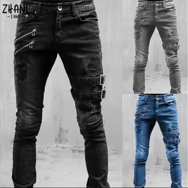 Плюс размер прямых джинсов мужские брюки весна лето Парень уличная одежда скипные Zips 3 цвета какуальные длинные джинсовые брюки 240430