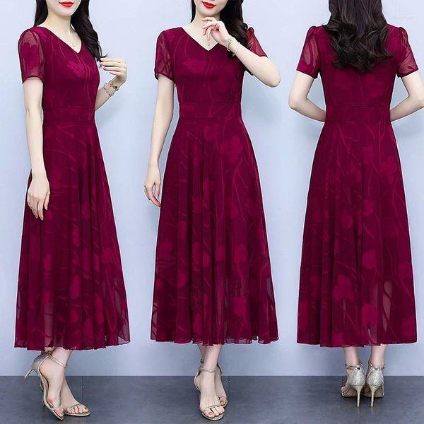 Parti Elbiseleri Coigarsam Kadınlar Uzun Elbise Yaz 2024 Katı Şifon Kısa Kollu Yüksek Bel V ​​Yez Kırmızı