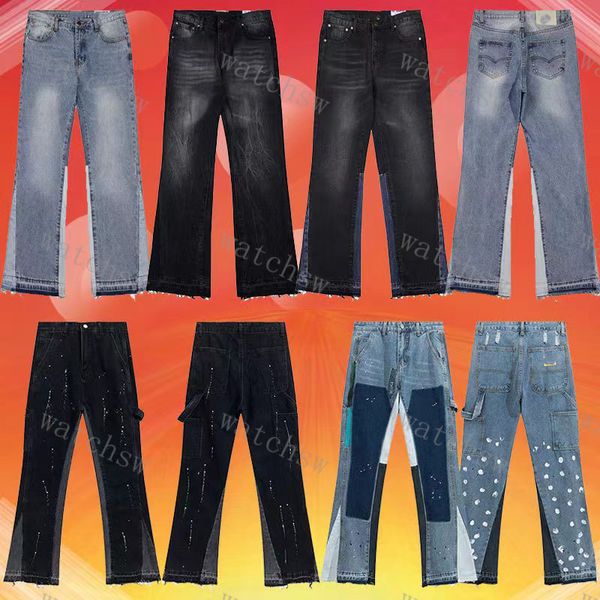 Jeans Jeans Jeans Designer Patchwork Appliques Vintage Jeans Men e High Street Splash Wash Micro calças casuais