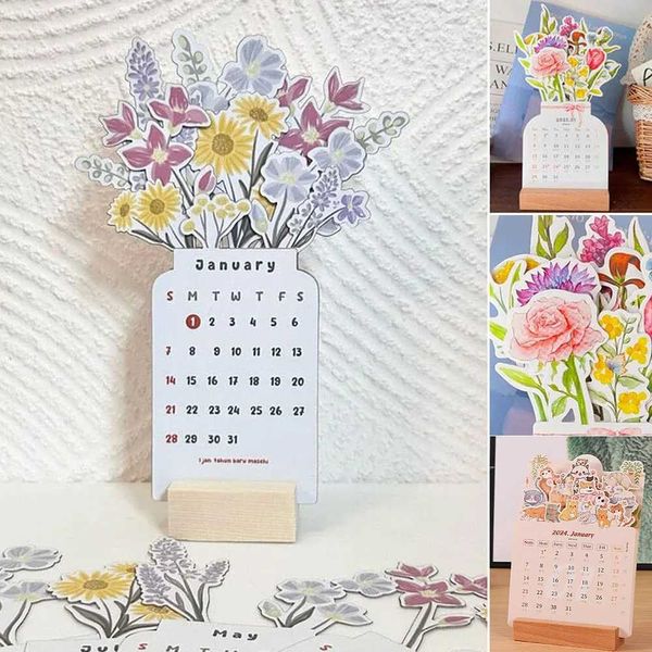 Calendário 2024 Bloomy Flowers Desk calendário Diário Agendador de madeira Inserir calendário de mesa para decoração de escritório para casa