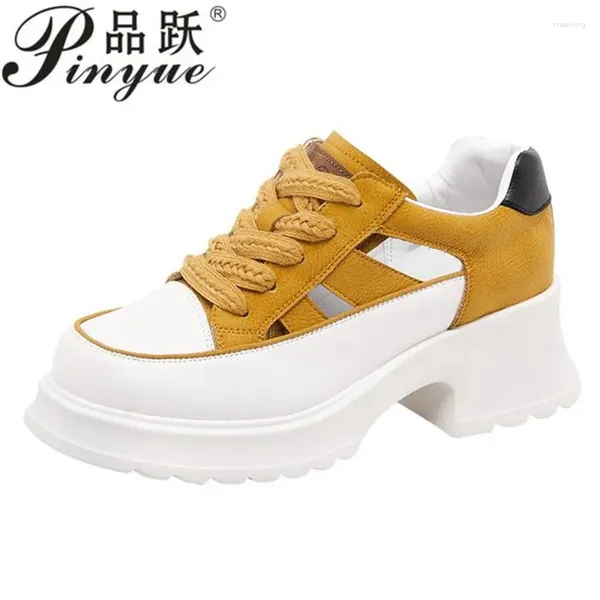 Scarpe casual 6 cm Donne Hollow Sandals Sandali Pompe in pelle autentica Piattaforma di comfort di suola rotonda.