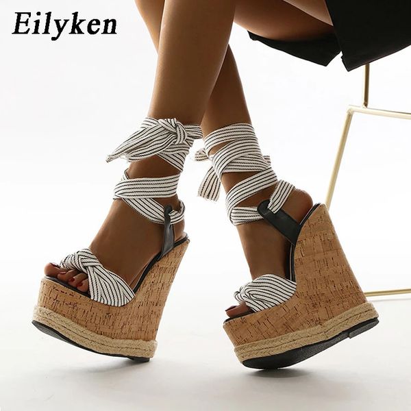 Eieyken Sommer Feste weiße Plattform Keil Sandalen Damen Mode High Heel Armband Schultergurte Frauen Offene Schnürsenkel 240425