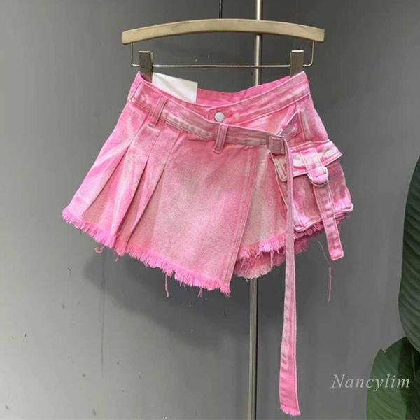 SKIRTS HOT GIRL STYLE Pink Fake Two Piece Burr Tool Denim Womens Summer Summer Design Pantskirt Fashion 2024 Q240507