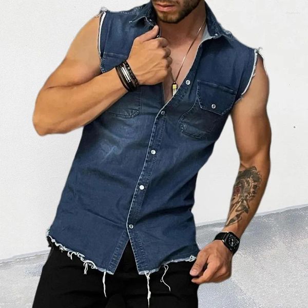 Camicie da uomo streetwear maschile jeam jeam denim girare bottone a bottone a bottoni senza maniche per uomo jeans primavera estate