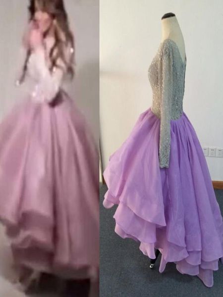 Ucuz Hi Lo bal balo elbiseleri uzun kollu vestidos de fiesta gümüş dantel boncuklu katmanlı organza Orta Doğu Parti elbiseleri5518300