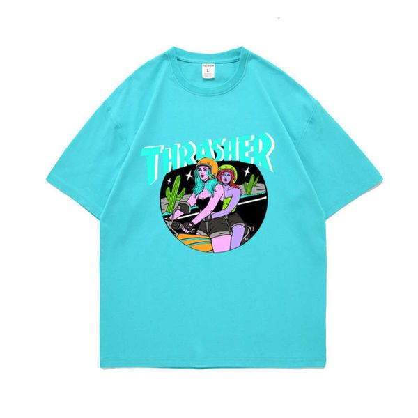 Thrasher T-Shirt Tasarımcı Tee Lüks Moda Erkek Tshirts Kız Arkadaş Binicilik Motosiklet Popüler Çift Pamuk Gevşek Kısa Kişili Tshirt